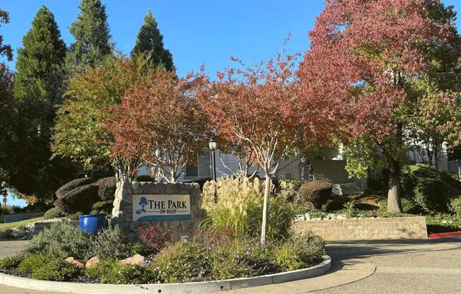 Monument sign of The Park on Riley and front entry way into the property