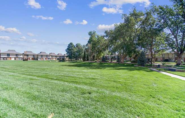 A grassy field with trees and houses in the background.