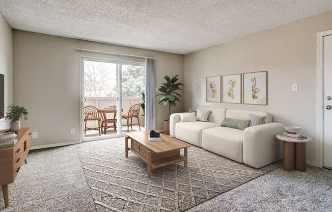 Open-concept living room with balcony access in Aurora Meadows pet-friendly apartment.