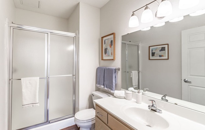 a bathroom with a white sink and toilet next to a shower with a glass door