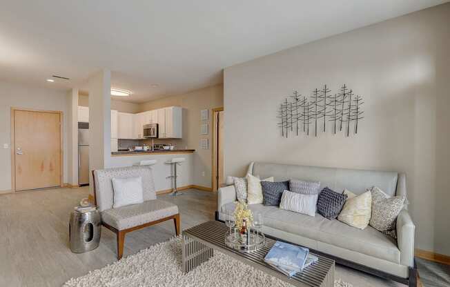 a living room with a couch and a coffee table