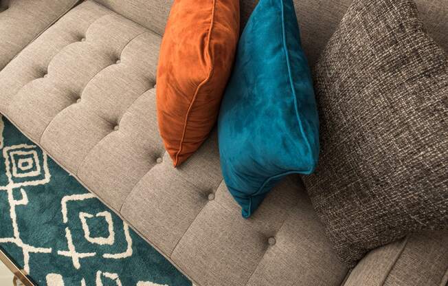 two pillows on a couch with a rug