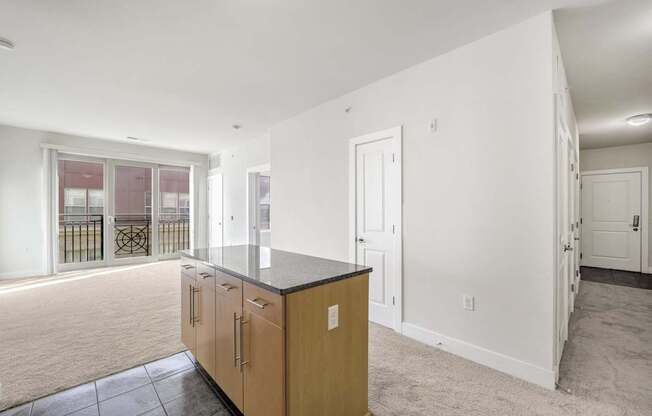 A kitchen area with a counter and cabinets.