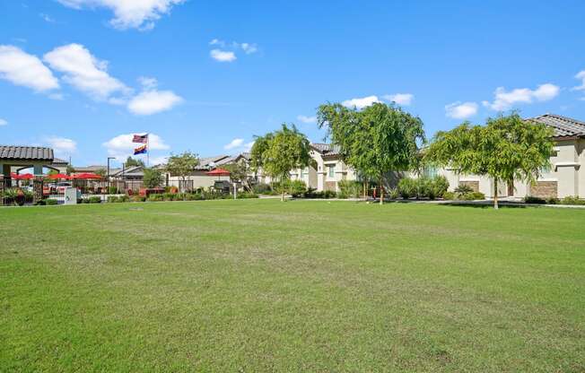 a large lawn with houses in the background