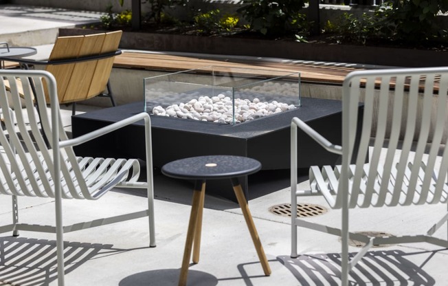 a group of chairs around a table with a glass display of shells at Analog PDX Apartments, Portland