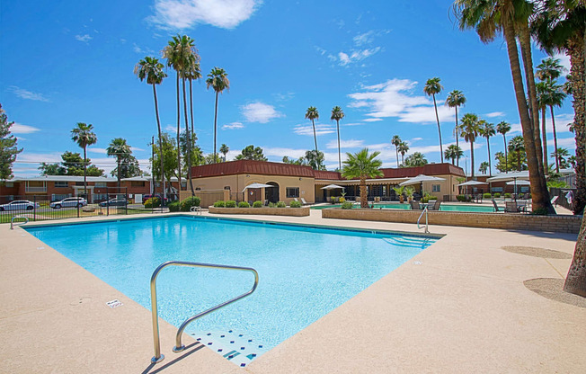 a large swimming pool with palm trees in the background