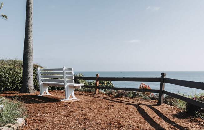 a white bench on a cliff overlooking the ocean