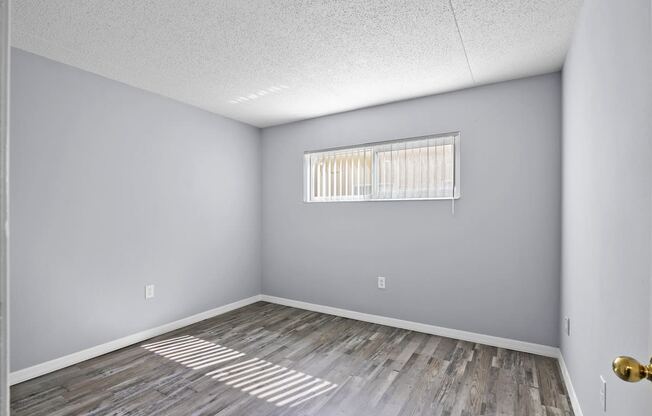 the spacious living room with wood flooring and a window