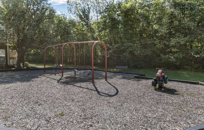 a playground with a swing set and a fire hydrant