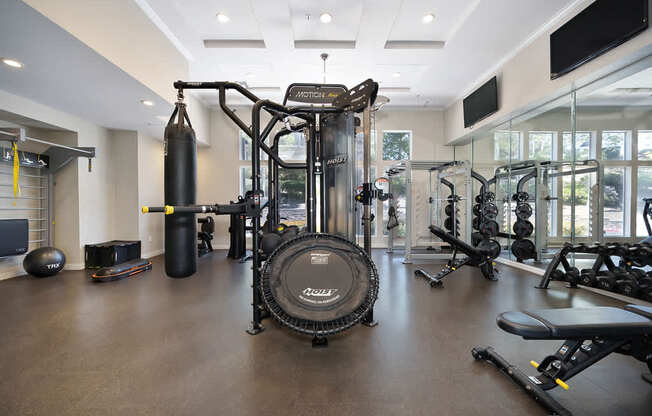 A gym with a punching bag, weights, and exercise equipment.