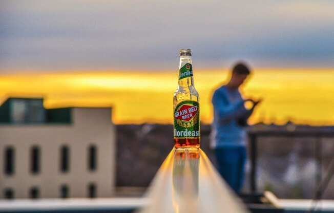 a bottle of beer sitting on top of a roof