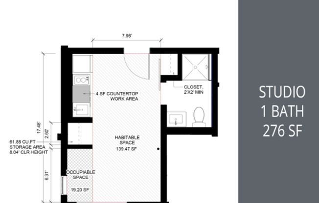 Studio, 1 bath, 270 sqft, $890, Unit 210 MFTE