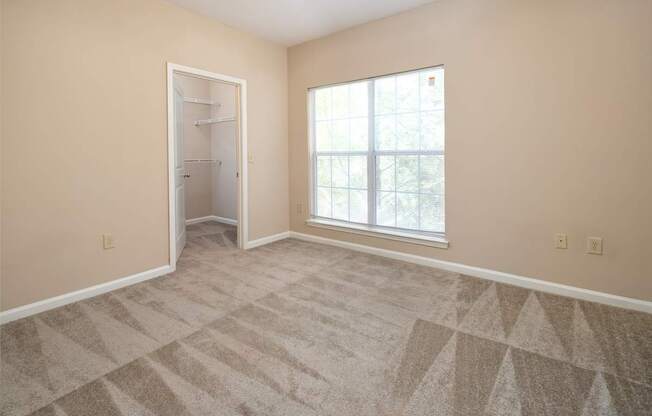 A room with a carpeted floor and a large window.