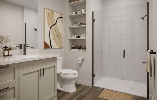Designer bathrooms with quartz countertops and frameless glass showers with floor-to-ceiling tile in select homes.