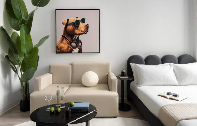 the dog with goggles art print displayed in a living room