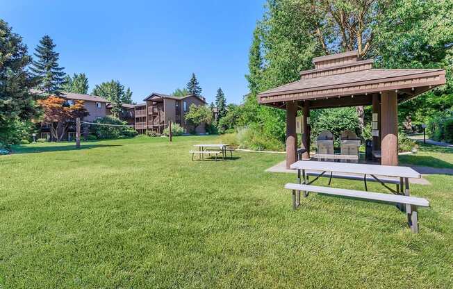 a picnic table and gazebo in a grassy area with apartment buildings in the at Lincoln Village Apartments, Washington, 99208