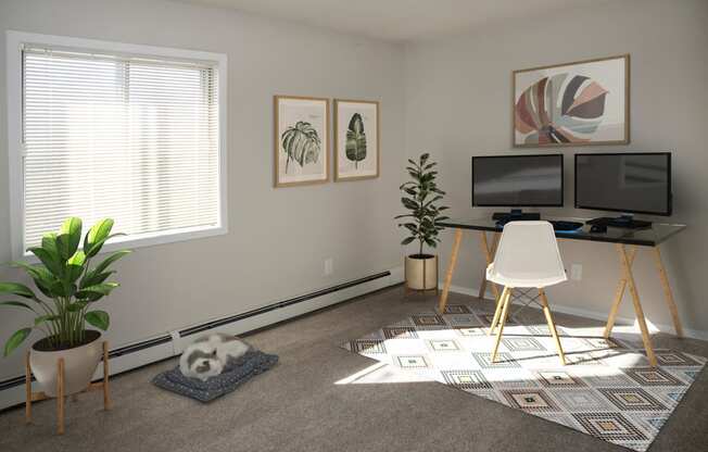 Home Office with Desk, Computers, and Dog in its Bed