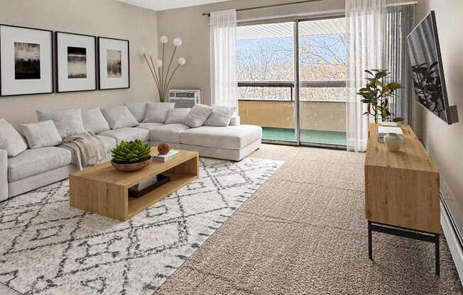 A living room with a white couch, a wooden coffee table, and a flat screen TV mounted on the wall.