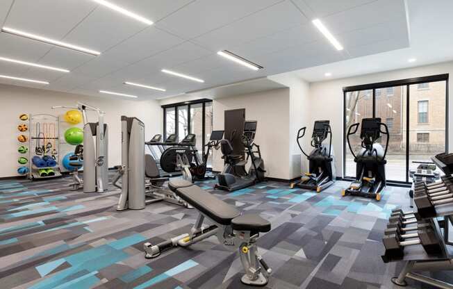 fitness center with free weights at The Hill Apartments, Saint Paul, MN, 55102