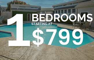 A pool with a house and a sign that says 1 bedroom starting at $799.