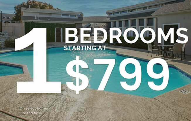 A pool with a house and a sign that says 1 bedroom starting at $799.
