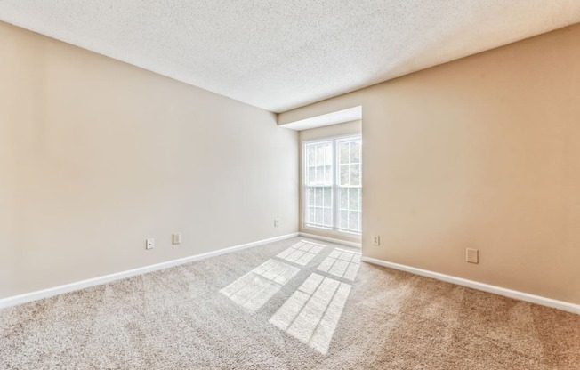 a spacious living room with carpet and a window