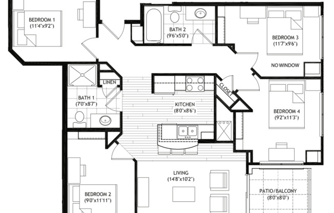 4 beds, 2 baths, 1,090 sqft, $5,700, Unit 1306