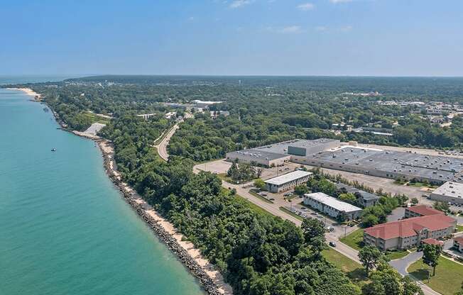 arial view of the campus with the ocean in the background