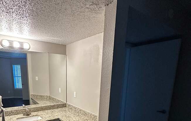 A bathroom with a white door and a mirror.