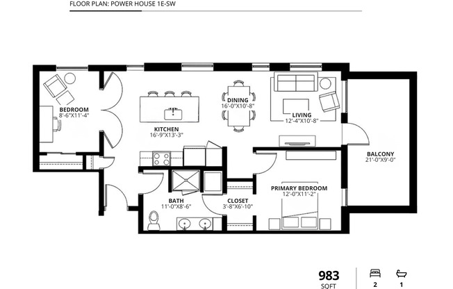 2 beds, 1 bath, 983 sqft, $2,875, Unit 412