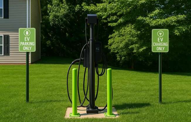 An EV charging station is located in a grassy area between two signs.