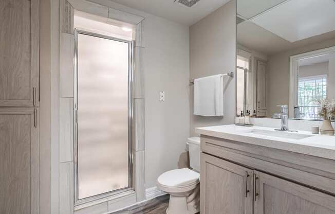 Houston Apartments – Gramercy Park – bathroom with walk-in shower, toilet and a sink