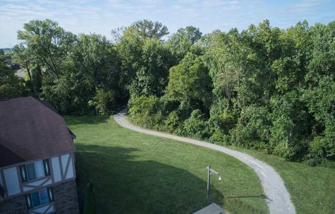 Community Walking Trail Drone Shotat The Timbers Apartments, Indiana