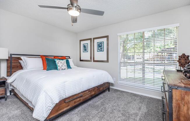 a bedroom with a bed in a room