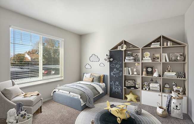 Model Bedroom with Carpet and Window View at Broadmoor Village Apartments in Salt Lake City, UT.