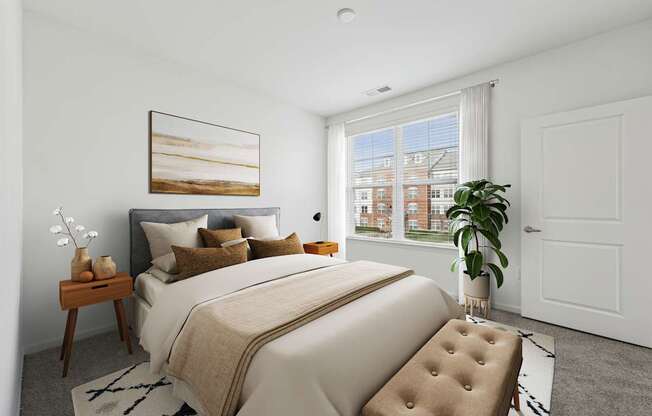 A bedroom with a large bed, a painting on the wall, and a window with a view of a building outside.