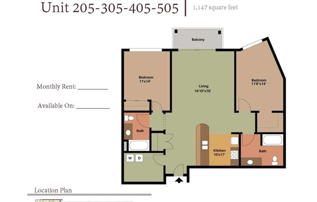 2 beds, 2 baths, 1,147 sqft, $2,260, Unit 405