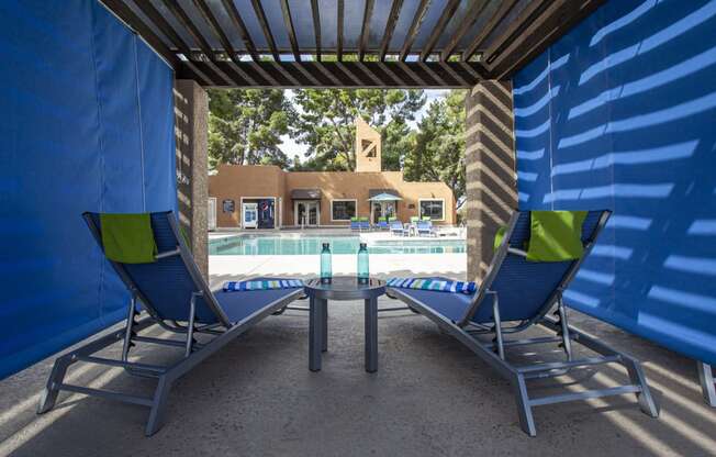 a patio with two chairs and a table next to a swimming pool