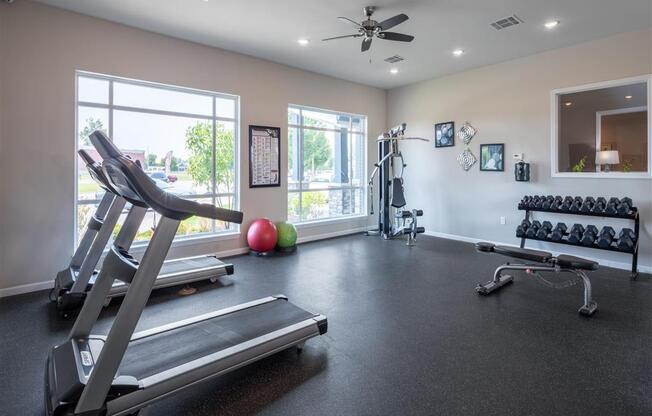 a gym with treadmills and balls on the floor