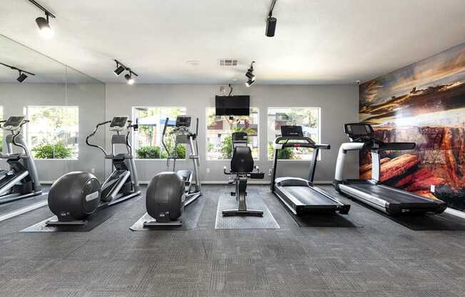 a gym with cardio equipment and a painting on the wall