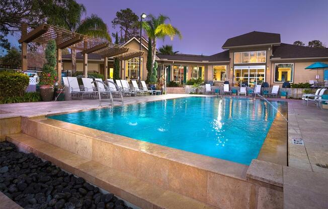 Twilight pool deck, one of five pools at Creekfront at Deerwood, Jacksonville, 32256
