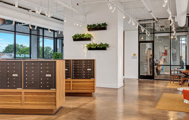 a restaurant with wooden furniture and plants on the wall