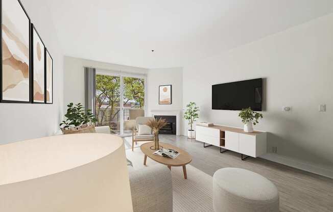 A modern living room with a large window and a flat screen TV.