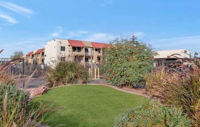 A building with a red roof is surrounded by a green lawn and various plants. at Urban WalkApartments on 6th Avenue, Arizona