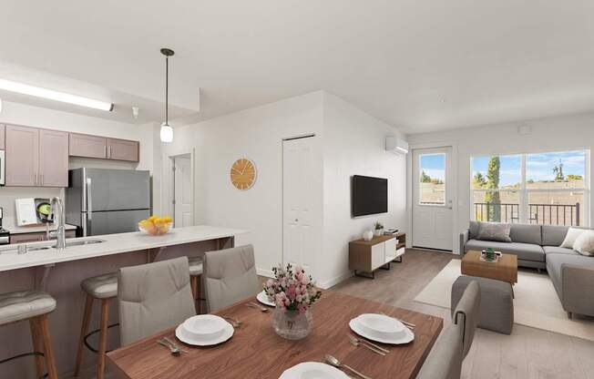 A modern dining room with a wooden table set for two.