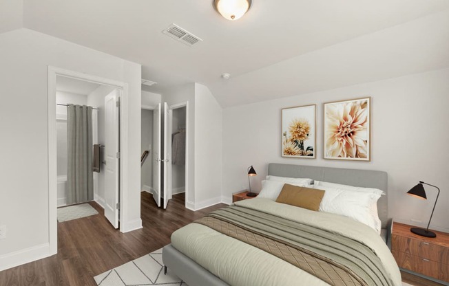 a bedroom with a bed and a closet