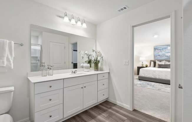 a bathroom with a large mirror and a toilet