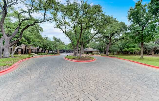 an empty street with trees in the middle of it