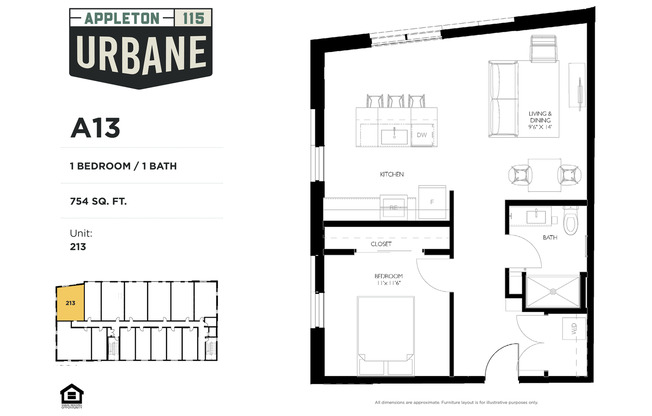1 bed, 1 bath, 754 sqft, $1,650, Unit 213