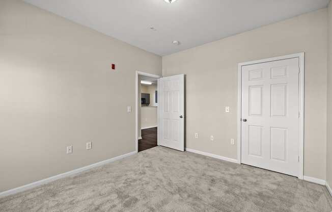 A room with a carpeted floor and two white doors.